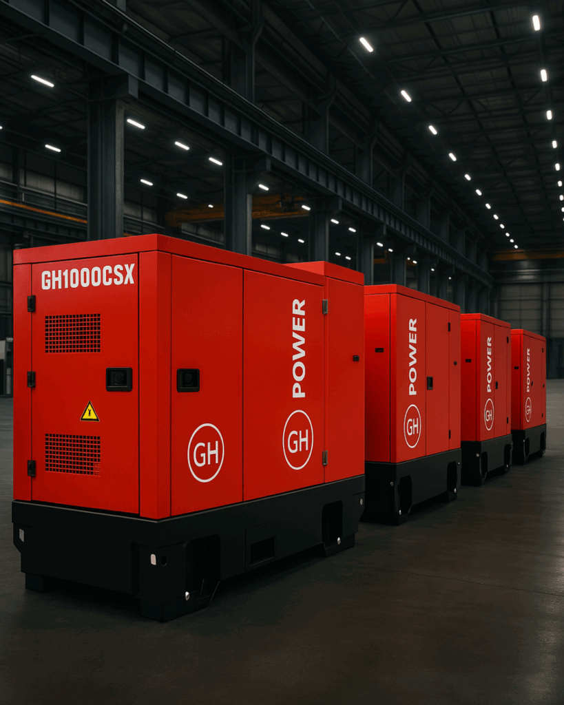 Generador Electrico GH Power GH1000CSX, color rojo; dentro de una nave industrial